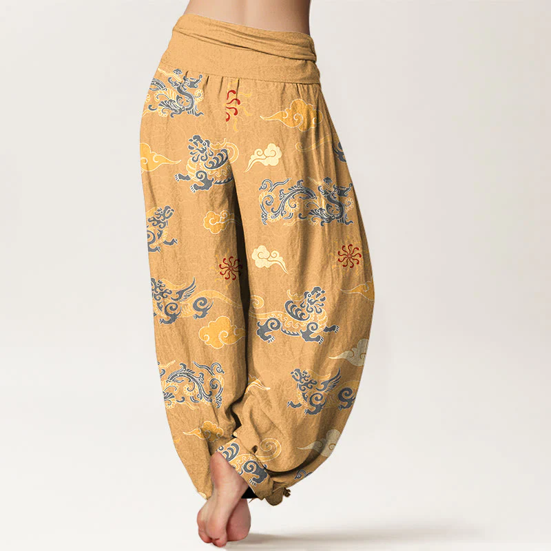 Pantaloni harem da donna con elastico in vita, in cotone, con motivo a nuvola, motivo drago e bestia di buon auspicio, motivo Buddha Stones - Image 2