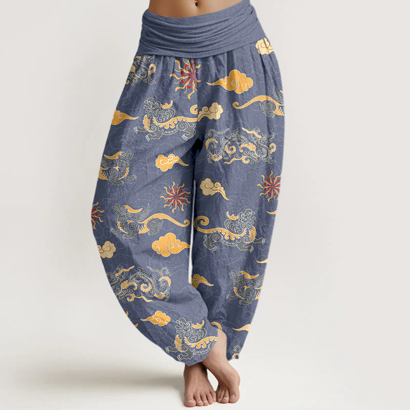 Pantaloni harem da donna con elastico in vita, in cotone, con motivo a nuvola, motivo drago e bestia di buon auspicio, motivo Buddha Stones - Image 6