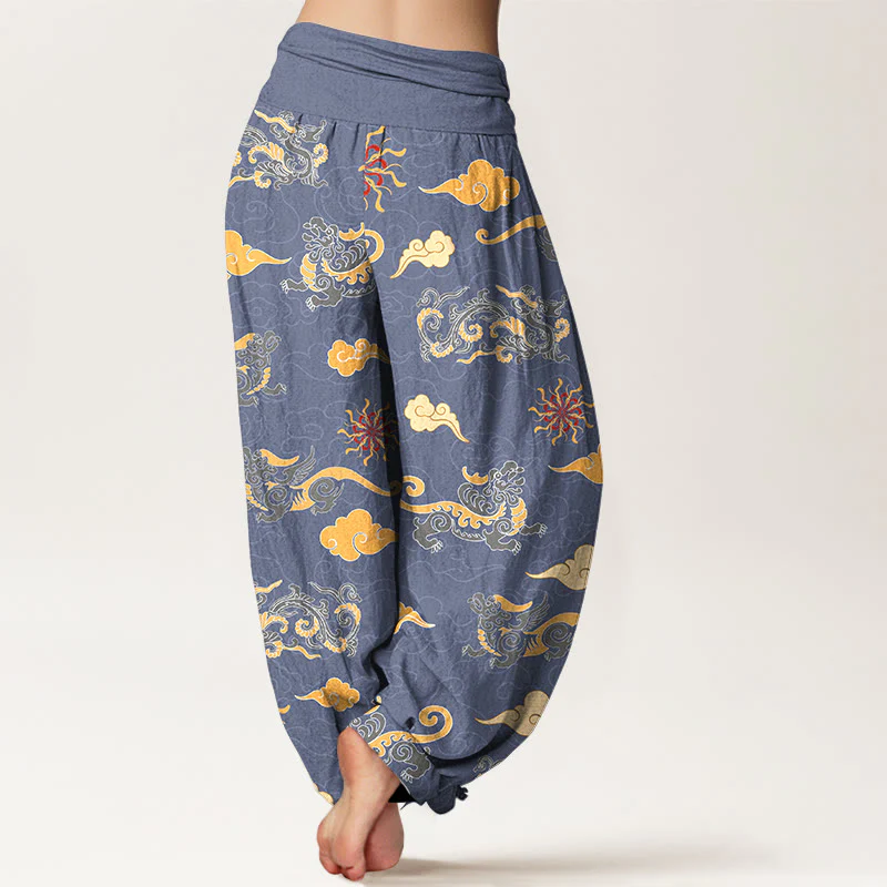 Pantaloni harem da donna con elastico in vita, in cotone, con motivo a nuvola, motivo drago e bestia di buon auspicio, motivo Buddha Stones - Image 7
