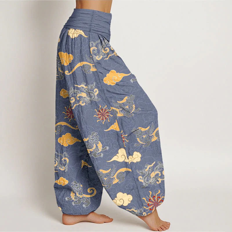 Pantaloni harem da donna con elastico in vita, in cotone, con motivo a nuvola, motivo drago e bestia di buon auspicio, motivo Buddha Stones - Image 8