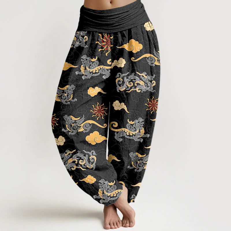 Pantaloni harem da donna con elastico in vita, in cotone, con motivo a nuvola, motivo drago e bestia di buon auspicio, motivo Buddha Stones - Image 9
