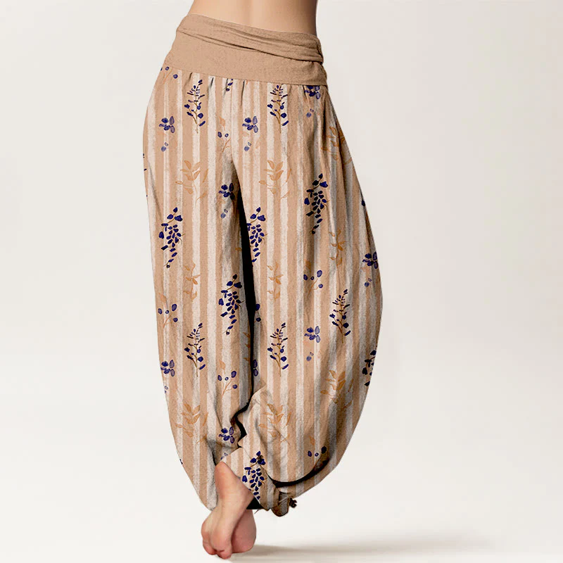 Pantaloni harem da donna con elastico in vita, in cotone, con motivo a righe e foglie dai colori tenui , Buddha Stones - Image 7