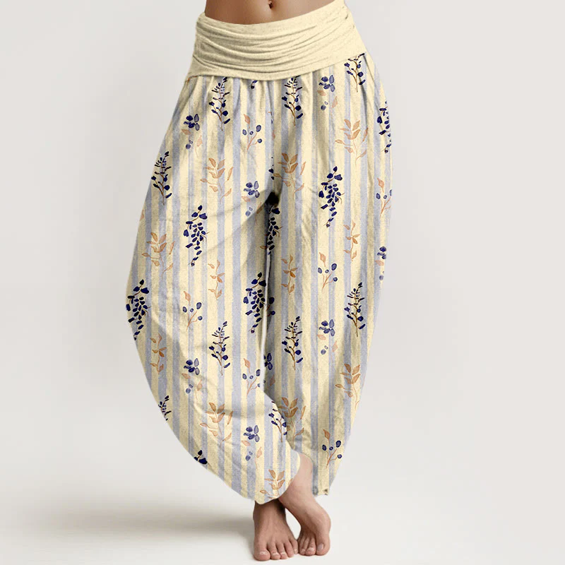 Pantaloni harem da donna con elastico in vita, in cotone, con motivo a righe e foglie dai colori tenui , Buddha Stones - Image 9