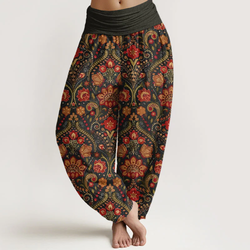 Pantaloni harem da donna con elastico in vita, in cotone, con motivo a volute di fiori e foglie colorati, motivo Buddha Stones
