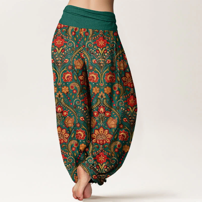 Pantaloni harem da donna con elastico in vita, in cotone, con motivo a volute di fiori e foglie colorati, motivo Buddha Stones - Image 10