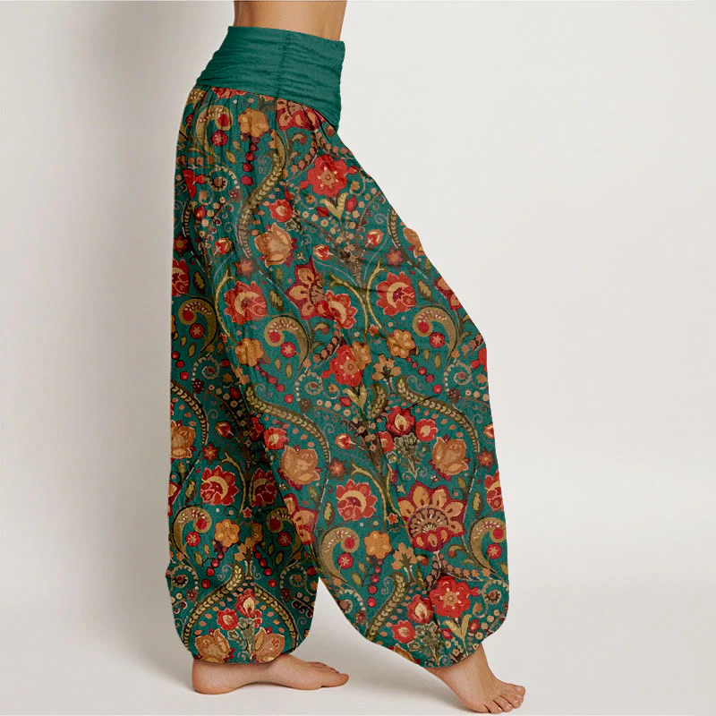 Pantaloni harem da donna con elastico in vita, in cotone, con motivo a volute di fiori e foglie colorati, motivo Buddha Stones - Image 11