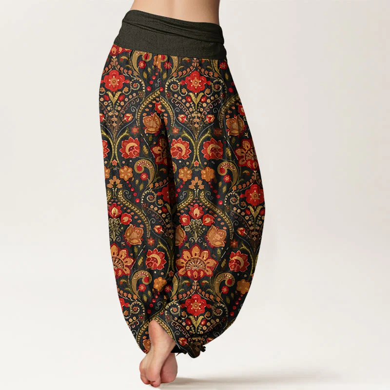 Pantaloni harem da donna con elastico in vita, in cotone, con motivo a volute di fiori e foglie colorati, motivo Buddha Stones - Image 2