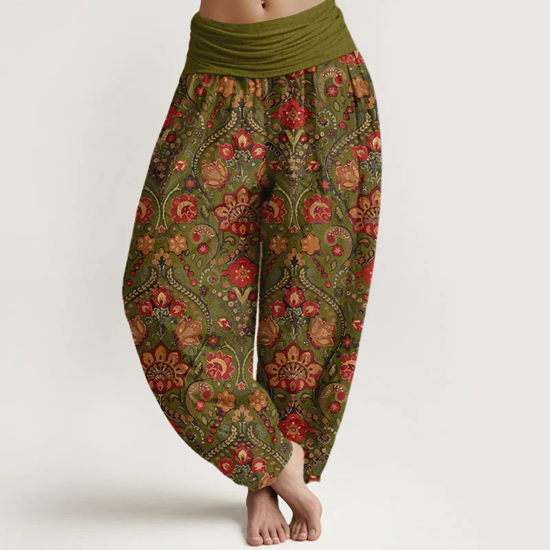 Pantaloni harem da donna con elastico in vita, in cotone, con motivo a volute di fiori e foglie colorati, motivo Buddha Stones - Image 6