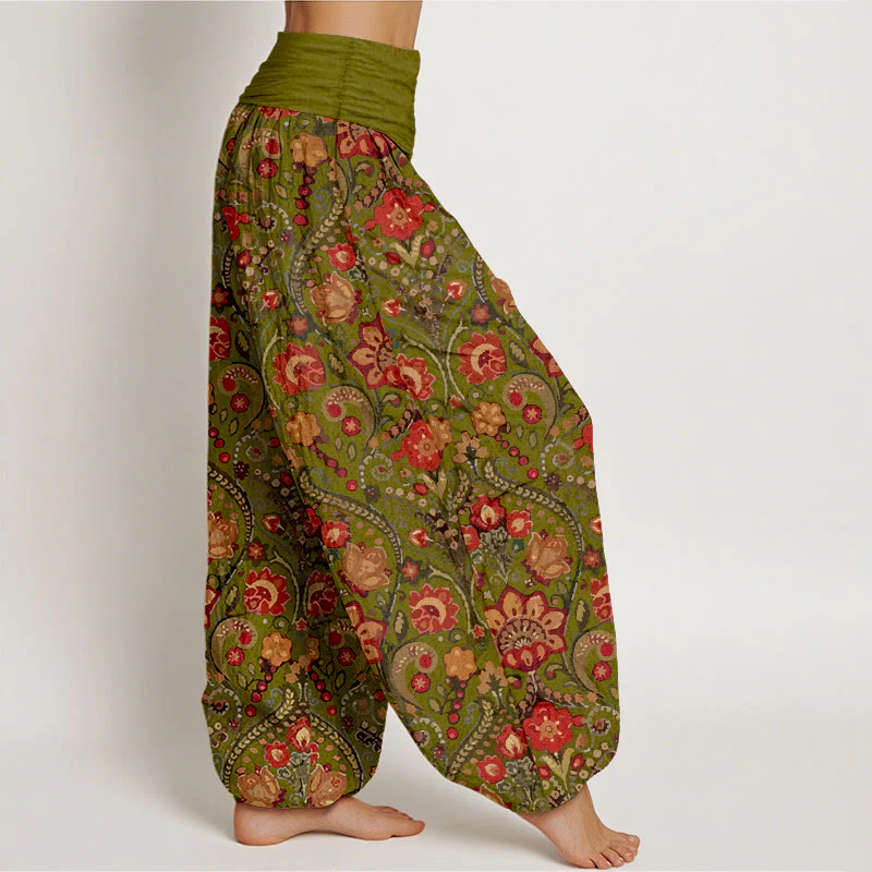 Pantaloni harem da donna con elastico in vita, in cotone, con motivo a volute di fiori e foglie colorati, motivo Buddha Stones - Image 8