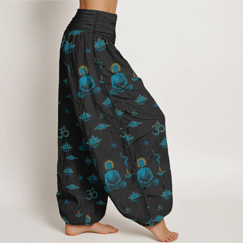 Pantaloni harem da donna con elastico in vita, in cotone con motivo Buddha Stones, simbolo Om, nuvola di loto e motivo Buddha - Image 3