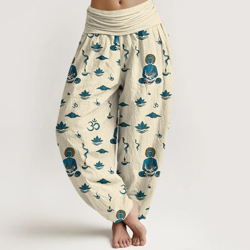 Pantaloni harem da donna con elastico in vita, in cotone con motivo Buddha Stones, simbolo Om, nuvola di loto e motivo Buddha - Image 9