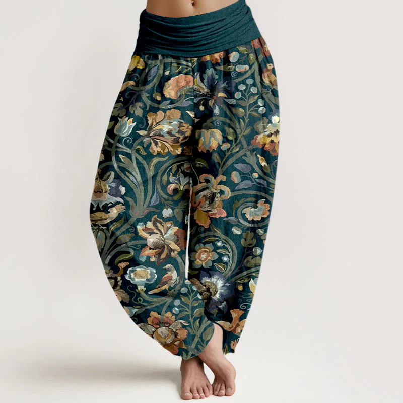 Pantaloni harem da donna con elastico in vita, in cotone, con motivo retrò di fiori e uccelli, motivo Buddha Stones