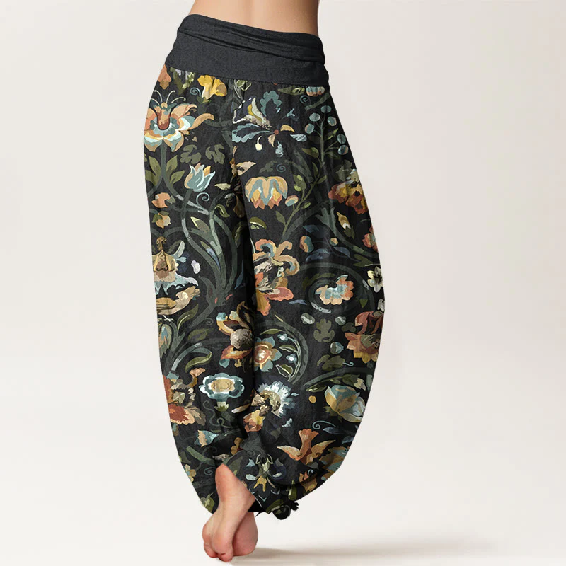 Pantaloni harem da donna con elastico in vita, in cotone, con motivo retrò di fiori e uccelli, motivo Buddha Stones - Image 10