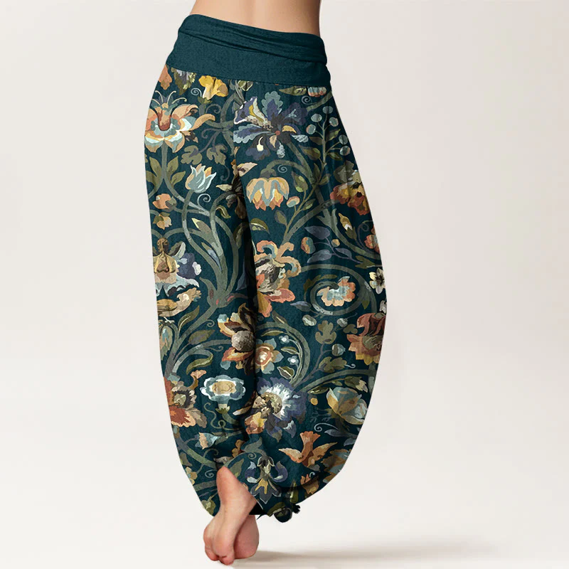 Pantaloni harem da donna con elastico in vita, in cotone, con motivo retrò di fiori e uccelli, motivo Buddha Stones - Image 2