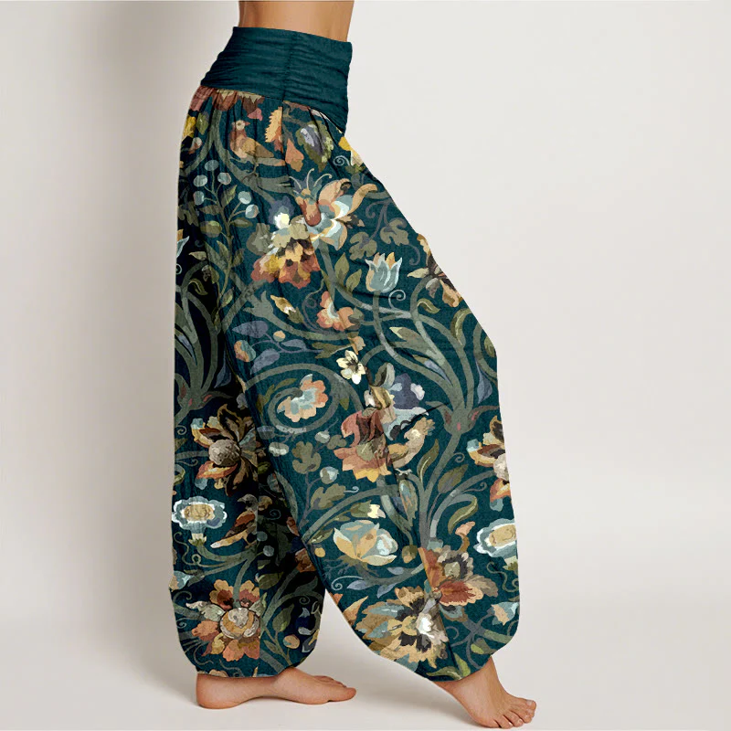 Pantaloni harem da donna con elastico in vita, in cotone, con motivo retrò di fiori e uccelli, motivo Buddha Stones - Image 3