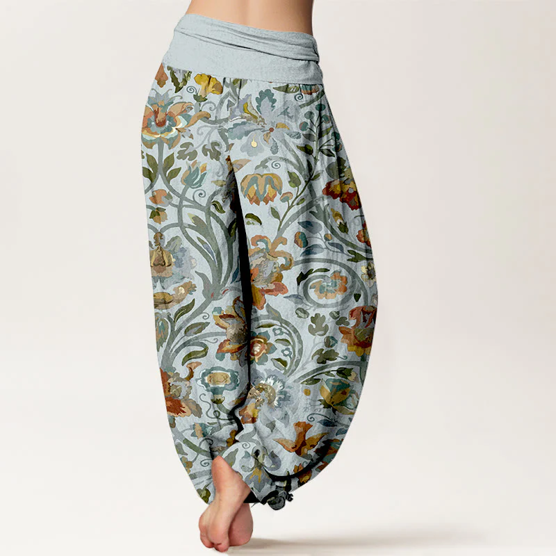 Pantaloni harem da donna con elastico in vita, in cotone, con motivo retrò di fiori e uccelli, motivo Buddha Stones - Image 7