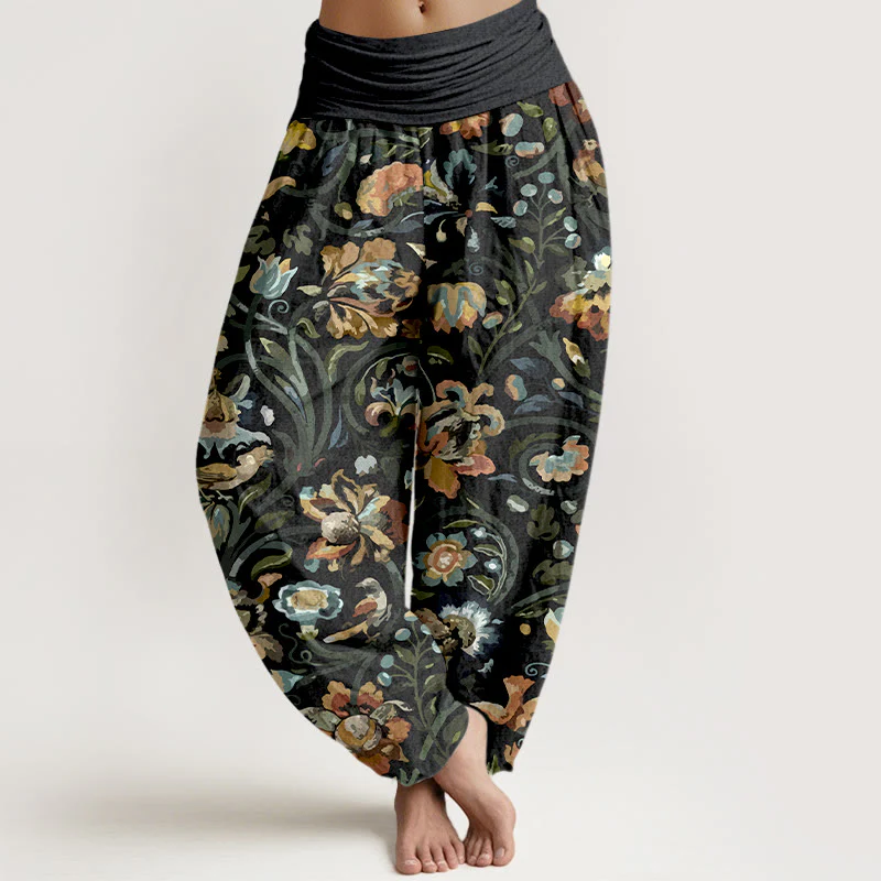 Pantaloni harem da donna con elastico in vita, in cotone, con motivo retrò di fiori e uccelli, motivo Buddha Stones - Image 9