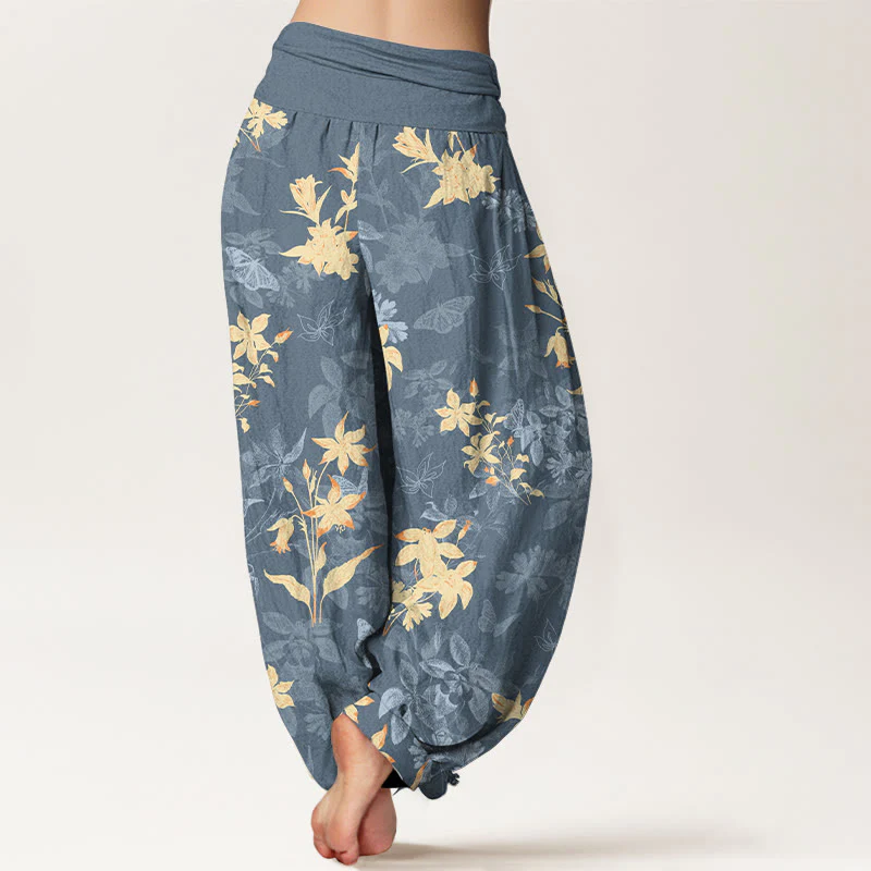 Pantaloni harem da donna con elastico in vita, in cotone fresco e raffinato, con motivo a fiori e foglie , Buddha Stones - Image 2