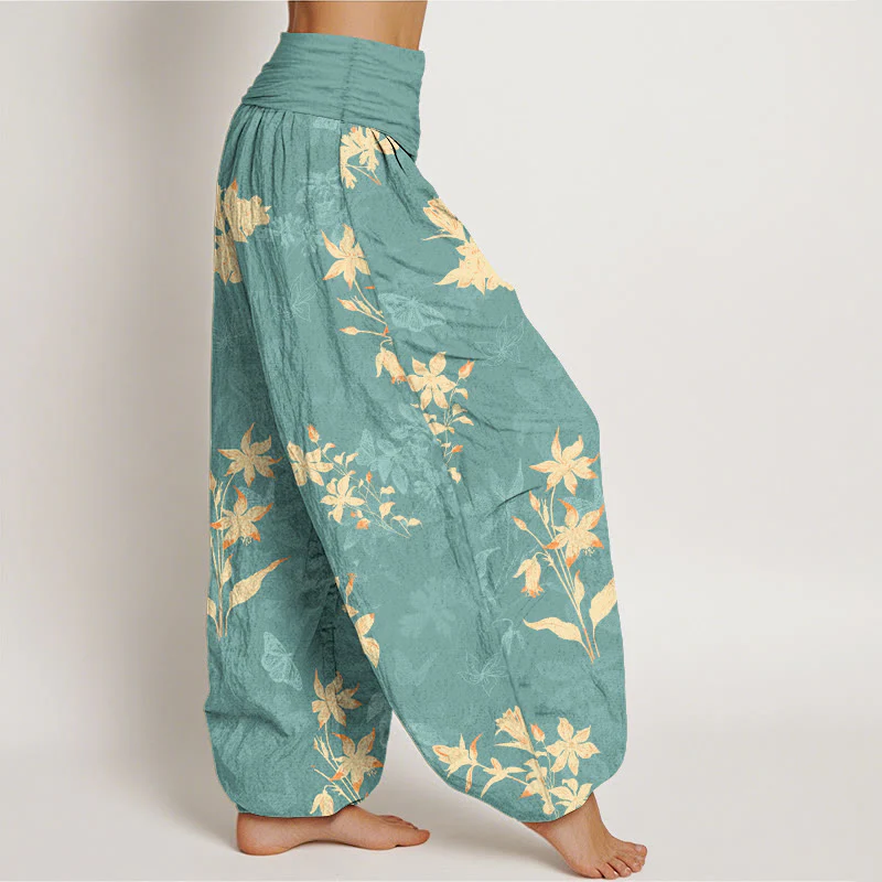 Pantaloni harem da donna con elastico in vita, in cotone fresco e raffinato, con motivo a fiori e foglie , Buddha Stones - Image 8