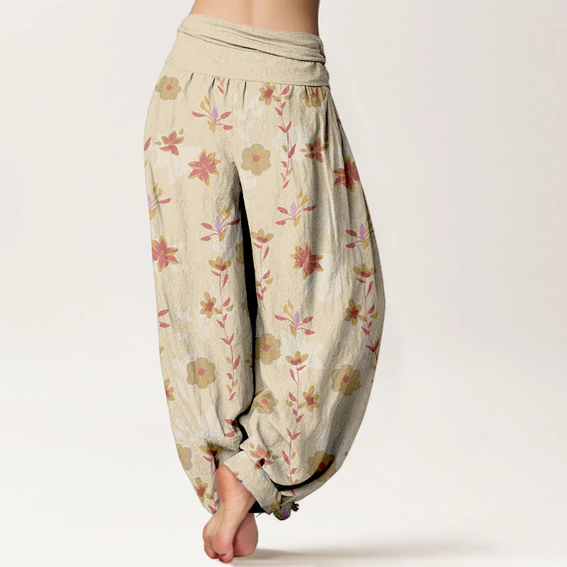 Pantaloni harem da donna con elastico in vita, in cotone, semplici e rinfrescanti, con motivo a fiori e foglie, modello Buddha Stones - Image 2