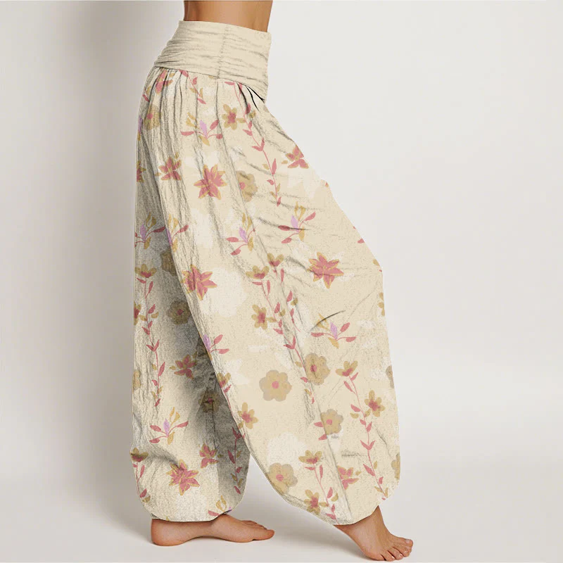 Pantaloni harem da donna con elastico in vita, in cotone, semplici e rinfrescanti, con motivo a fiori e foglie, modello Buddha Stones - Image 3