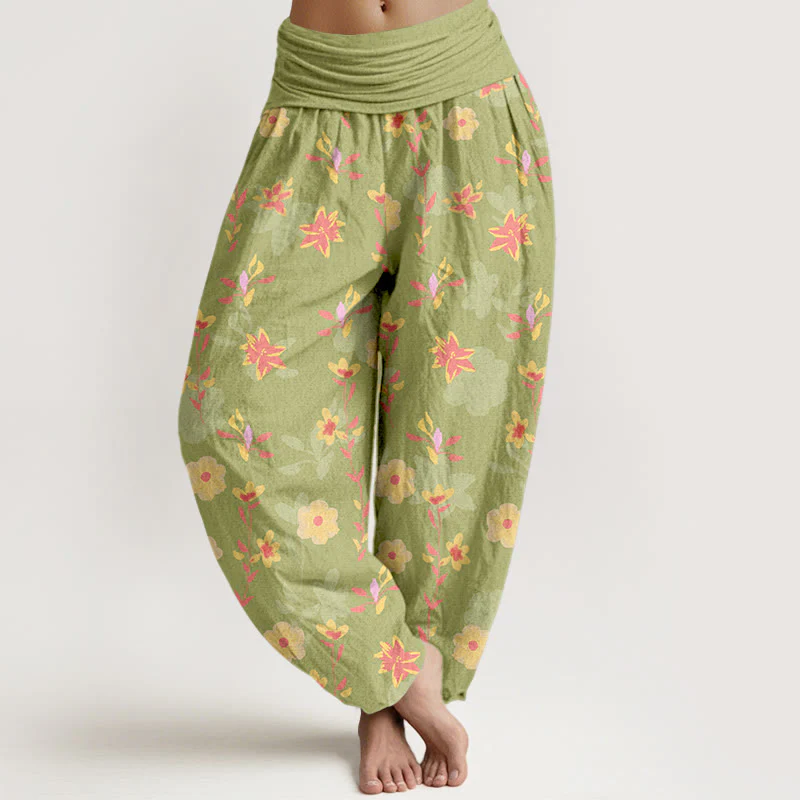 Pantaloni harem da donna con elastico in vita, in cotone, semplici e rinfrescanti, con motivo a fiori e foglie, modello Buddha Stones - Image 9