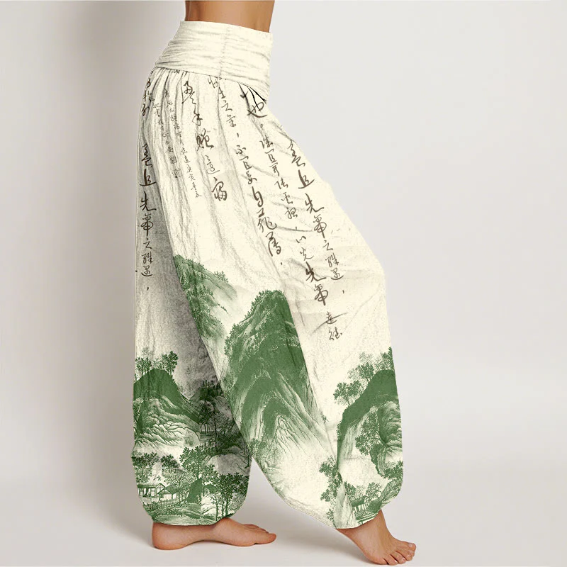 Pantaloni harem da donna con elastico in vita, in puro Buddha Stones, con calligrafia cinese e pittura di paesaggio - Image 2