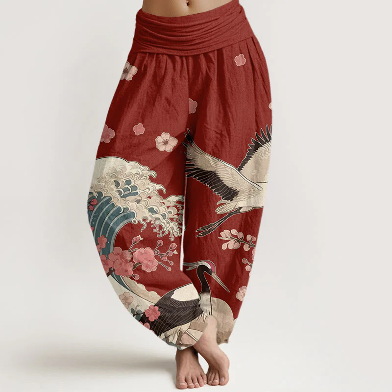 Pantaloni harem da donna con elastico in vita, in puro Buddha Stones , con gru e fiori di pesco e oceano