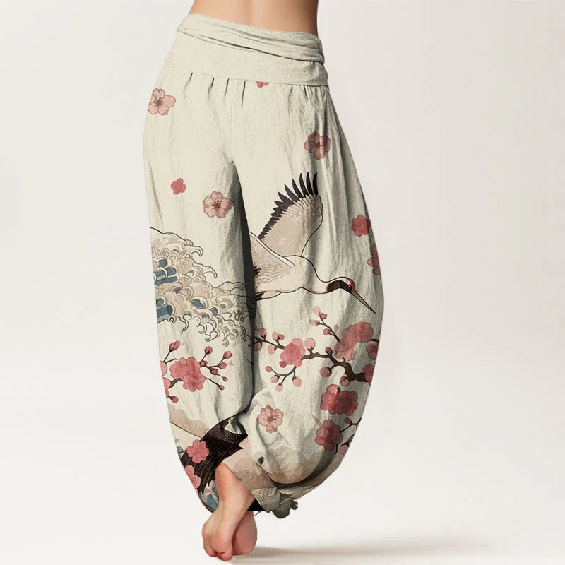 Pantaloni harem da donna con elastico in vita, in puro Buddha Stones , con gru e fiori di pesco e oceano - Image 10