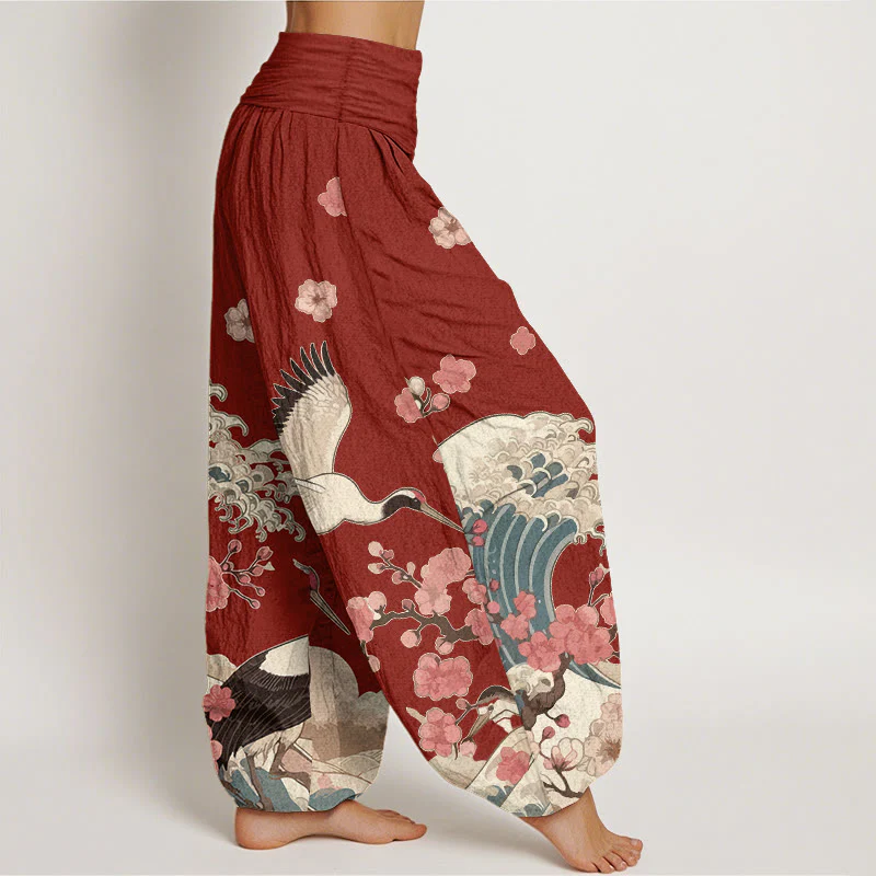 Pantaloni harem da donna con elastico in vita, in puro Buddha Stones , con gru e fiori di pesco e oceano - Image 3