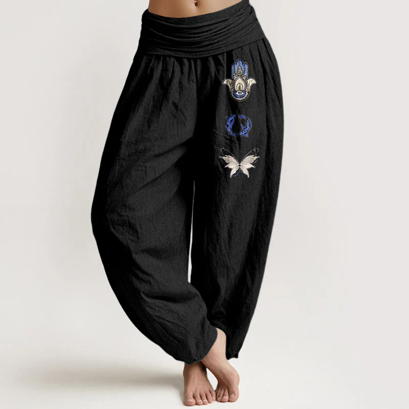 Pantaloni harem da donna con elastico in vita, in puro Buddha Stones , con motivo a farfalla e mano di Hamsa, motivo a pesce koi - Image 6