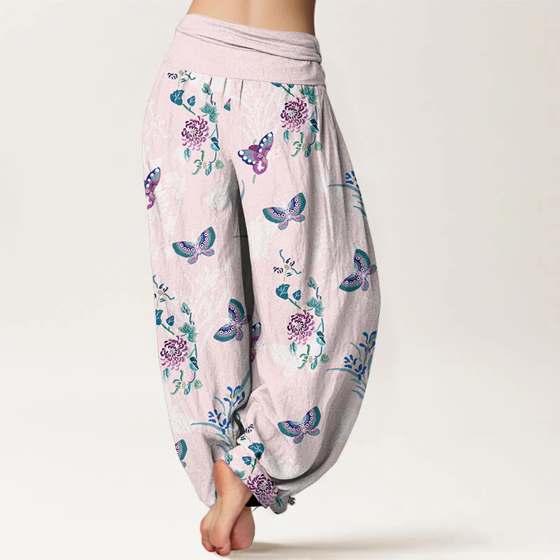 Pantaloni harem da donna con elastico in vita, in puro Buddha Stones , freschi ed eleganti, con motivo a farfalle ed erba. - Image 2