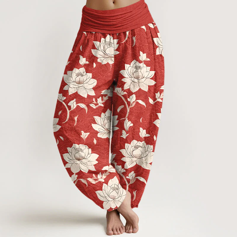 Pantaloni harem da donna con elastico in vita, in puro cotone beige con motivo a loto , Buddha Stones