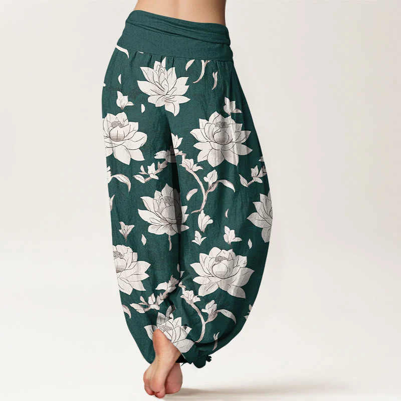 Pantaloni harem da donna con elastico in vita, in puro cotone beige con motivo a loto , Buddha Stones - Image 10