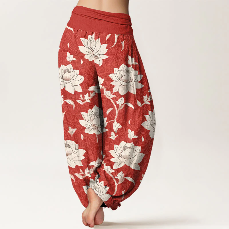 Pantaloni harem da donna con elastico in vita, in puro cotone beige con motivo a loto , Buddha Stones - Image 2