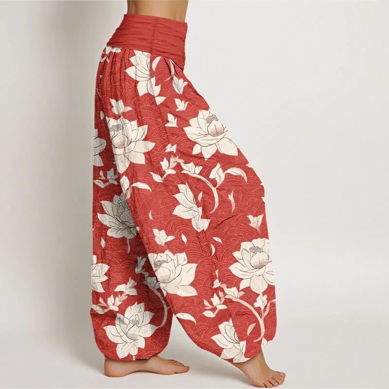 Pantaloni harem da donna con elastico in vita, in puro cotone beige con motivo a loto , Buddha Stones - Image 3