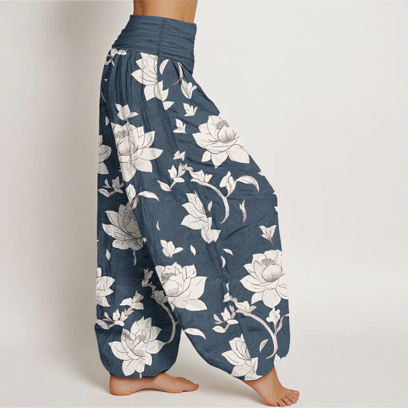 Pantaloni harem da donna con elastico in vita, in puro cotone beige con motivo a loto , Buddha Stones - Image 8