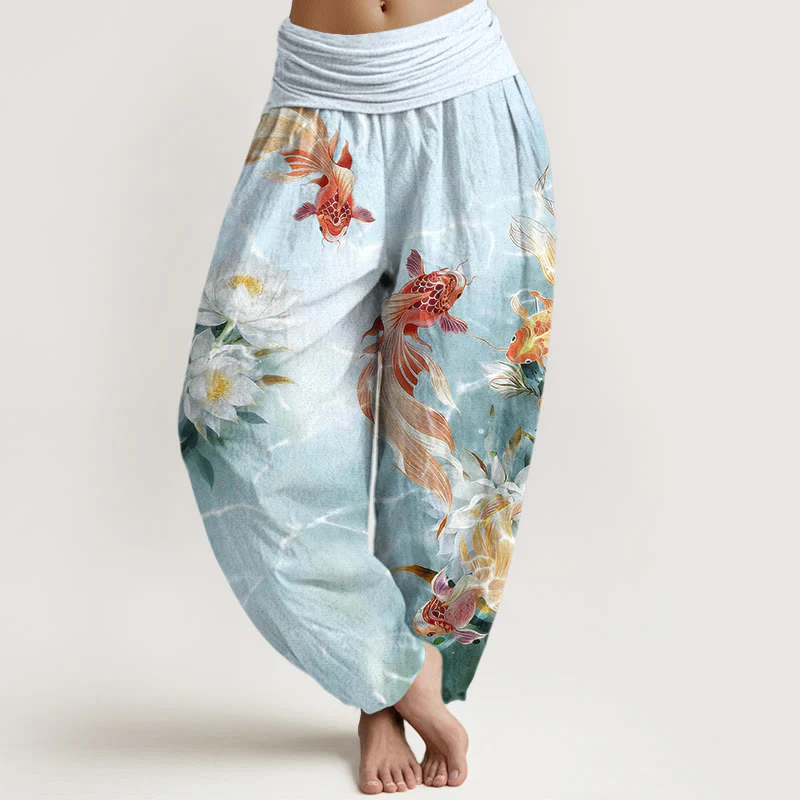 Pantaloni harem da donna con elastico in vita, in puro cotone chiaro, con motivo a fiori di loto e pesci koi, Buddha Stones