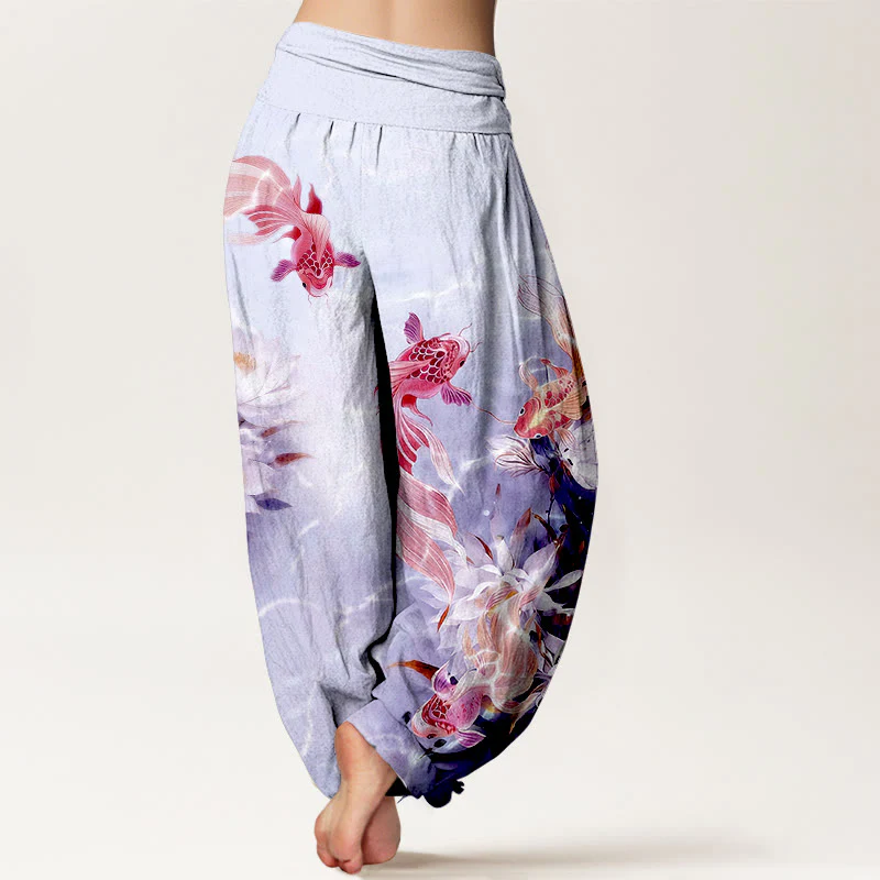 Pantaloni harem da donna con elastico in vita, in puro cotone chiaro, con motivo a fiori di loto e pesci koi, Buddha Stones - Image 10