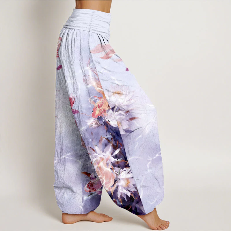 Pantaloni harem da donna con elastico in vita, in puro cotone chiaro, con motivo a fiori di loto e pesci koi, Buddha Stones - Image 11