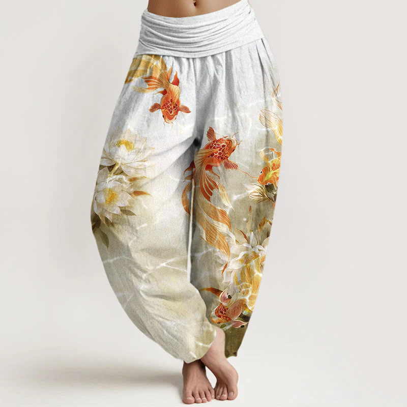 Pantaloni harem da donna con elastico in vita, in puro cotone chiaro, con motivo a fiori di loto e pesci koi, Buddha Stones - Image 6