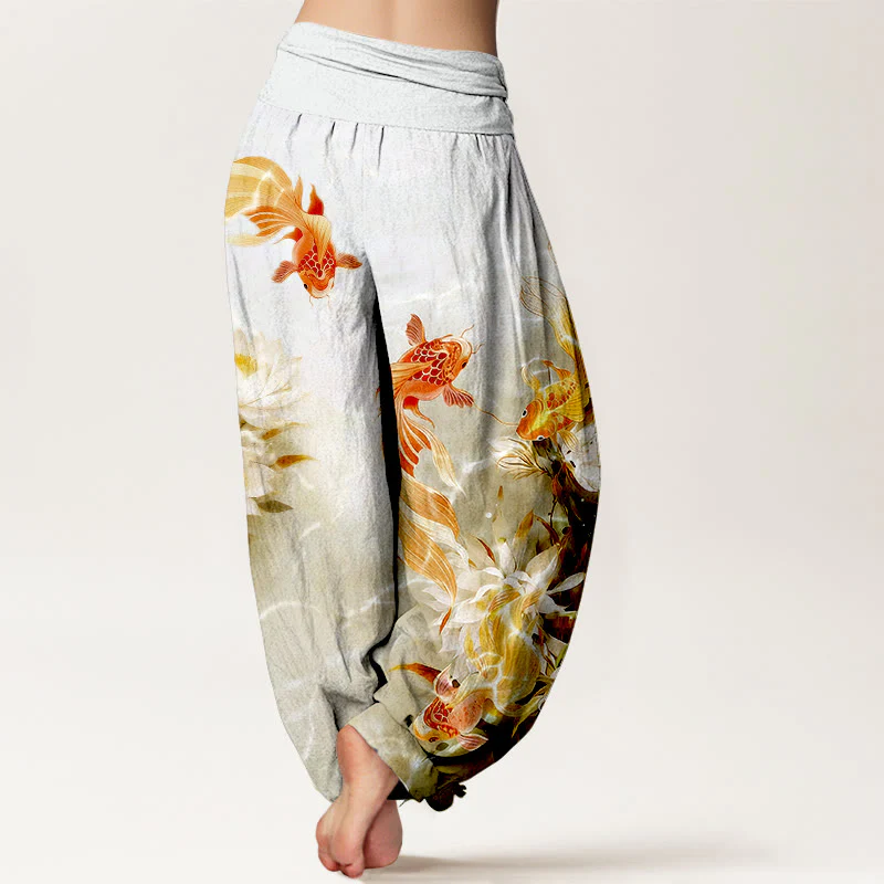 Pantaloni harem da donna con elastico in vita, in puro cotone chiaro, con motivo a fiori di loto e pesci koi, Buddha Stones - Image 7