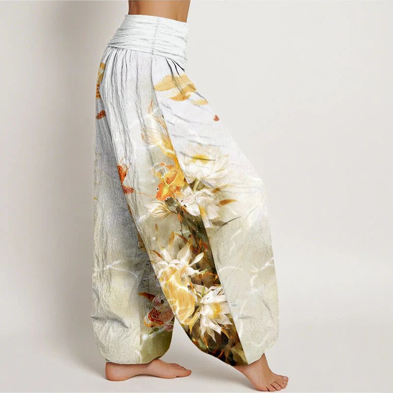 Pantaloni harem da donna con elastico in vita, in puro cotone chiaro, con motivo a fiori di loto e pesci koi, Buddha Stones - Image 8