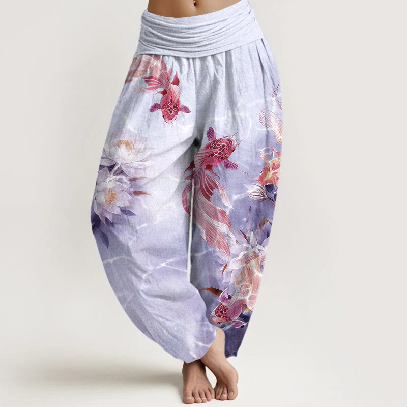 Pantaloni harem da donna con elastico in vita, in puro cotone chiaro, con motivo a fiori di loto e pesci koi, Buddha Stones - Image 9