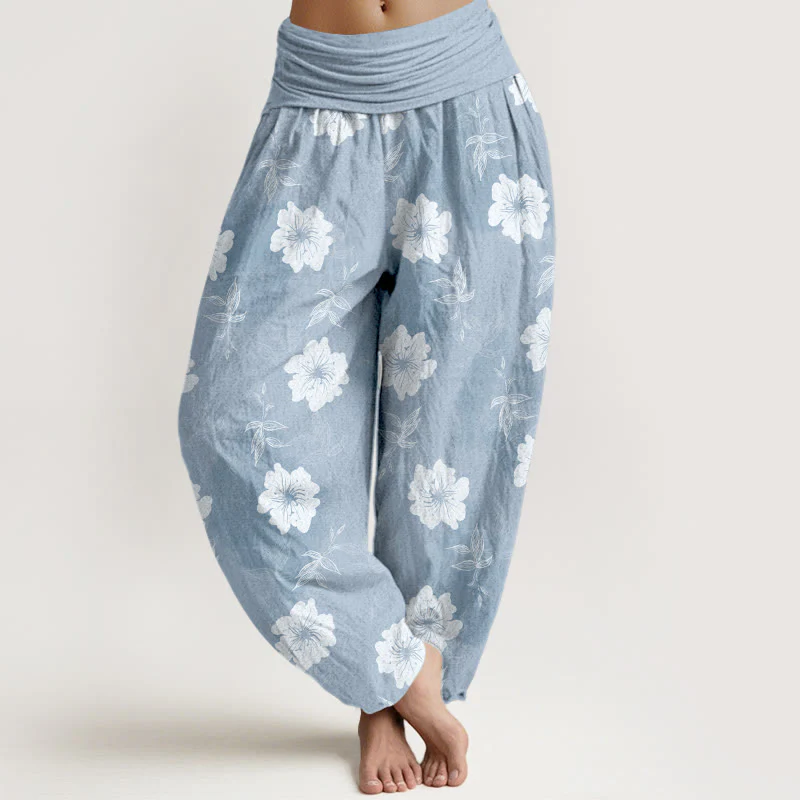 Pantaloni harem da donna con elastico in vita, in puro cotone, con fiori bianchi e pietre Buddha Stones