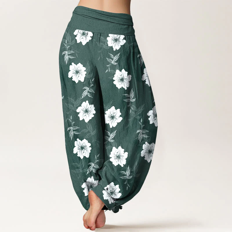 Pantaloni harem da donna con elastico in vita, in puro cotone, con fiori bianchi e pietre Buddha Stones - Image 10
