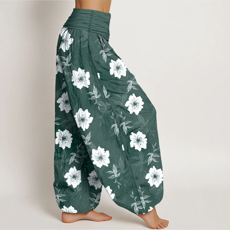 Pantaloni harem da donna con elastico in vita, in puro cotone, con fiori bianchi e pietre Buddha Stones - Image 11