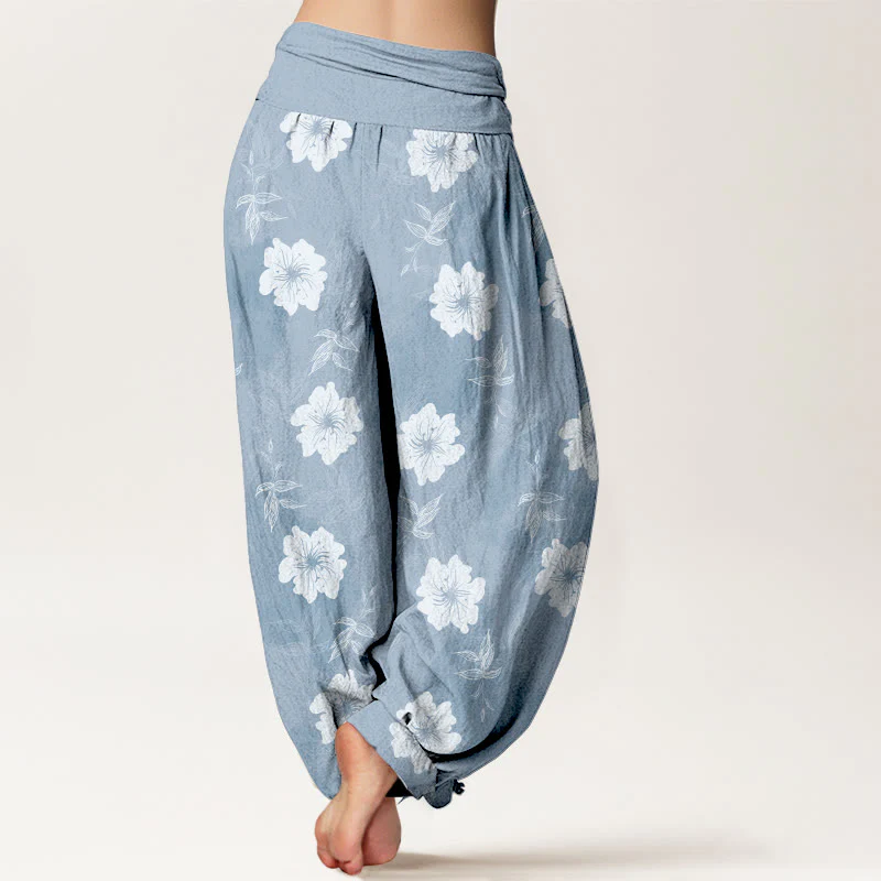 Pantaloni harem da donna con elastico in vita, in puro cotone, con fiori bianchi e pietre Buddha Stones - Image 2