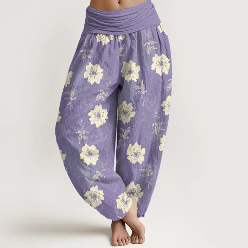 Pantaloni harem da donna con elastico in vita, in puro cotone, con fiori bianchi e pietre Buddha Stones - Image 6