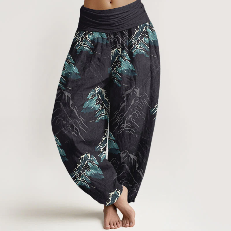 Pantaloni harem da donna con elastico in vita, in puro cotone, con montagne verde smeraldo vivaci, Buddha Stones